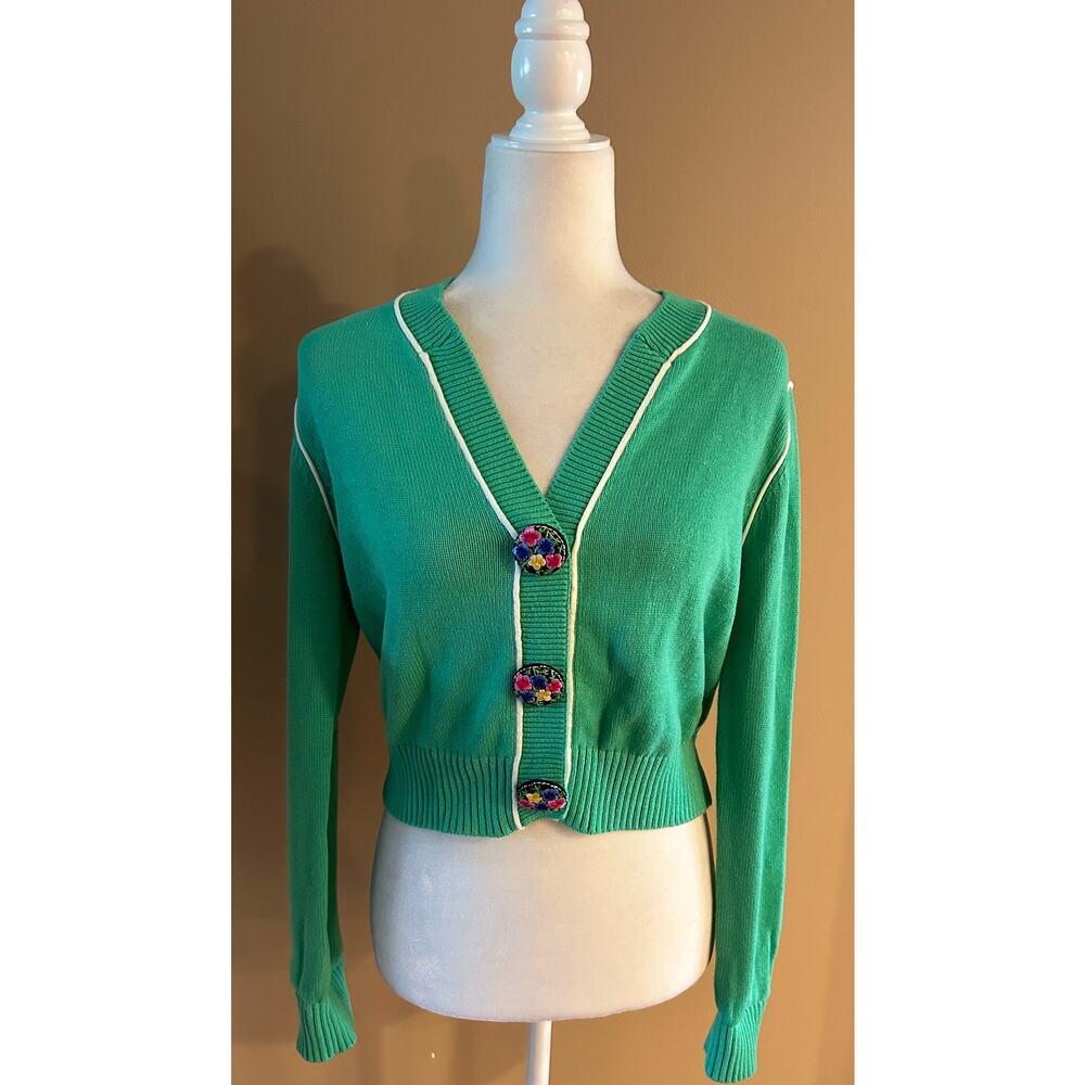 Cabi Green Wallis Cropped Cardigan with Embroidered Floral Buttons, Size S